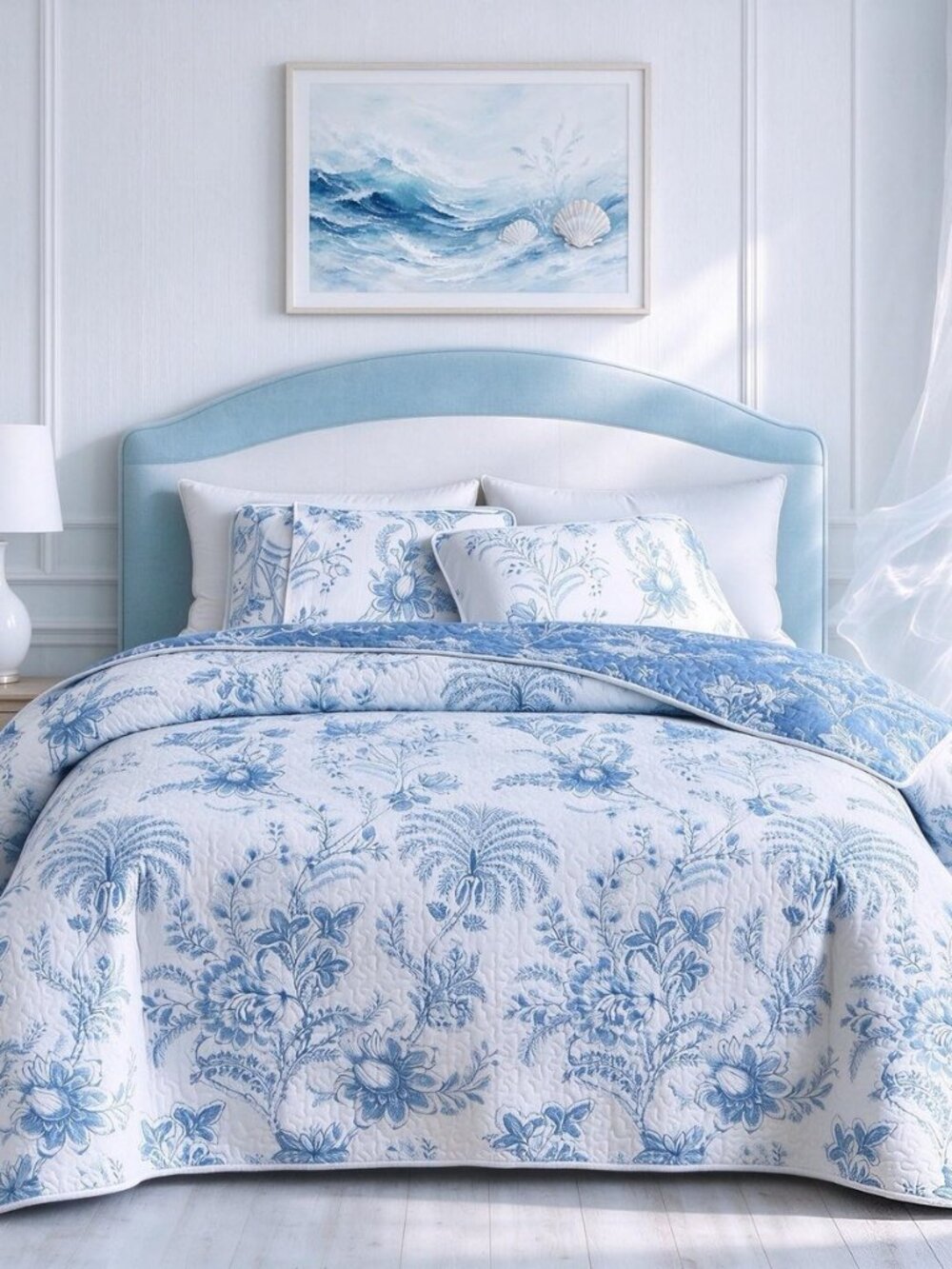Reversible Quilt Set Full Queen Size, 3 Pieces White Blue Botanical Floral